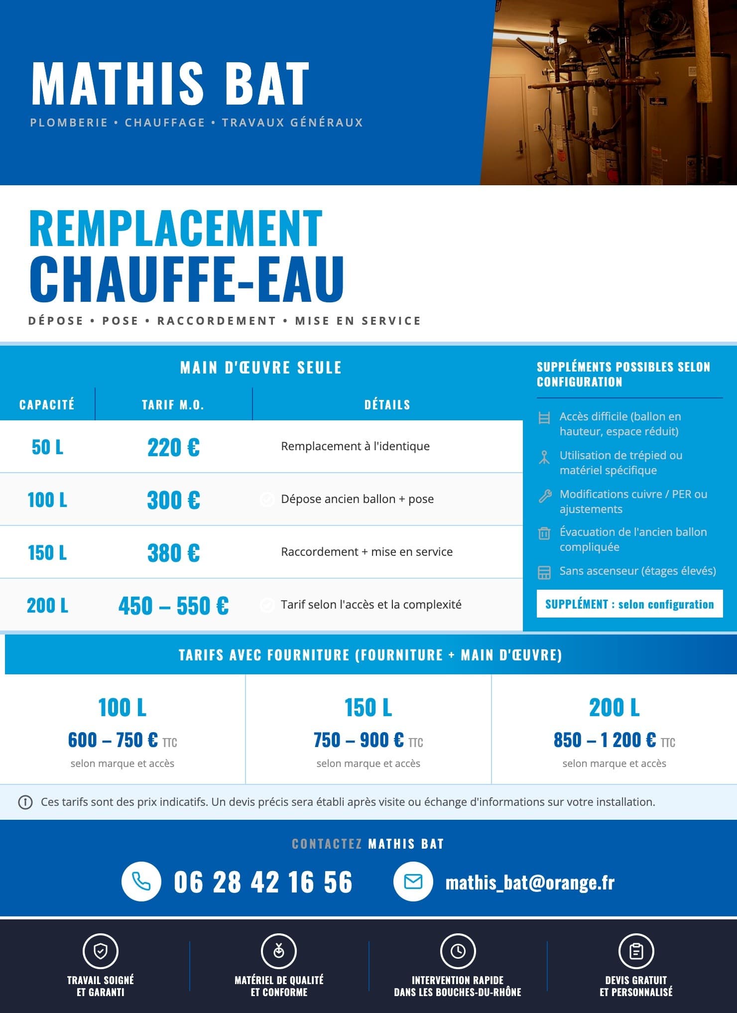 Tarifs remplacement chauffe-eau MATHIS BAT - Plomberie chauffage à Marseille